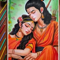 A serene and colorful portrait of Siya Ram, drawn with colored pencils. This artwork is filled with devotion and captures a quiet moment of divine love, perfect for bringing peace to any space.