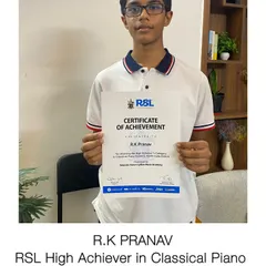 We celebrate Pranav for achieving the RSL High Achiever award in Classical Piano Grade 5. This is a testament to his dedication and our structured approach to piano exam preparation.