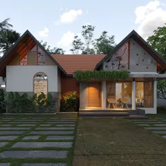 A symmetrical facade design that balances traditional gabled roofs with large, modern glass panels and exposed concrete accents.