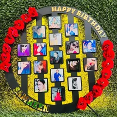 This unique round prop frame is perfect for a big birthday celebration. It features a collage of 18 photos, a personalized name, and is decorated with artificial flowers.