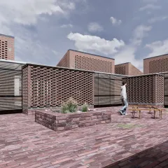 A rendering of the rooftop terrace at Studio Tarai, a workshop for craftspeople in Rudrapur. The space is defined by perforated brick screens and low planters, creating an open-air court that encourages interaction and exchange between the artisans.