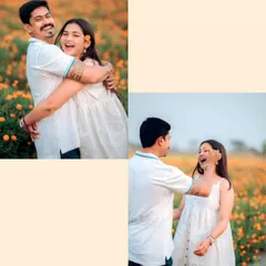This collage captures the playful and candid moments from a shoot in a flower field. The genuine laughter and joyful embraces show the fun side of a couple's relationship, which I always aim to bring out during our sessions.