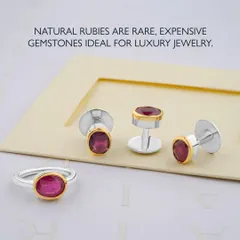 Natural rubies are rare, expensive gemstones ideal for luxury jewellery. This set, featuring a men's ruby ring and matching cufflinks in a two-tone gold and silver bezel setting, is a perfect example of understated, masculine elegance.