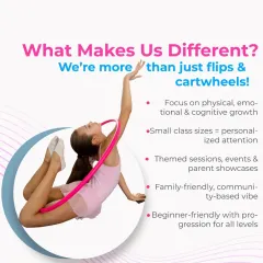 We are more than just flips and cartwheels. Our programs focus on holistic growth, personalized attention in small classes, and a family-friendly community vibe that supports every child.