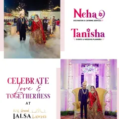 Celebrate love and togetherness at our venue. This collage captures a couple's grand entrance through a cloud of smoke and their regal moment on the beautifully decorated stage at Raj Grand Jalsa.