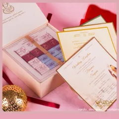 A simple yet elegant invitation box designed to hold a selection of custom-printed chocolates. This is a sweet and personal way to invite guests to your celebration.