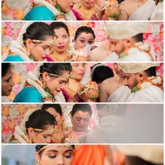 More heartfelt moments captured during the wedding rituals. You can see the bride's makeup, with a bold red lip, looks flawless even in these candid, emotional snapshots.