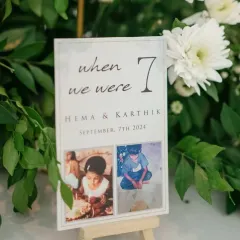 The charm of intimate weddings is in the details. For Hema and Karthik's cocktail dinner, the table signs featured photos of them at different ages, like this one "when we were 7," telling their story one table at a time.