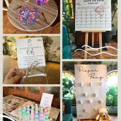 A collage of the fun activities at a teddy-themed baby shower. We had "Diaper Pong," "Guess the Date," "Measure Mommy's Belly," and a puzzle station to keep guests entertained.