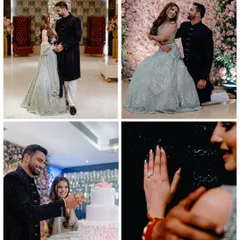 This collage tells the story of an engagement, from the couple's portraits and cake cutting to the all-important ring shot.