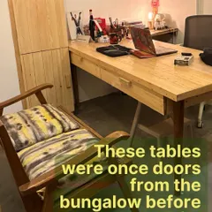 Sustainability is in our DNA. These beautiful wooden tables in our salon weren't bought, they were born from old doors we found in the bungalow before we moved in. We believe in giving things a second life.