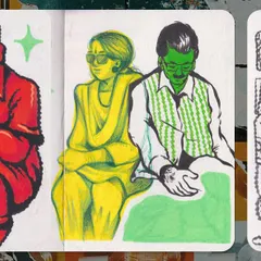 A page from my sketchbook showing experiments with color and form. On the left, a man in red and a couple in yellow and green, created with markers. On the right, a texture study using black ink and cross-hatching.