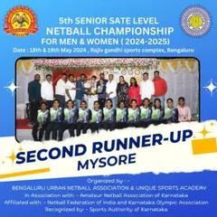 A graphic celebrating the winners of the women's category in the 5th Senior State Level Netball Championship, which we organized.