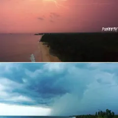 A composite image showing two moods of Kapu beach. The top frame shows a pink sky with a lightning strike, and the bottom shows a brewing storm, demonstrating the dynamic weather I capture.