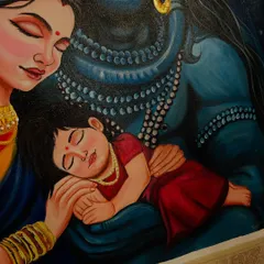 A detailed view of the sleeping child held securely in the arms of Shiv and Parvati. This part of the painting represents pure innocence and the protective nature of the divine parents.
