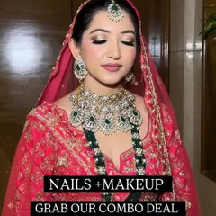 A beautiful bridal look in a pink lehenga, featuring soft glam makeup with a matte pink lip. I also offer makeup and nail combo deals for a complete bridal package.