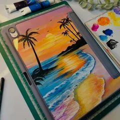 I love bringing dreamy beach sunsets to life on my custom iPad covers. This piece captures the warm glow of the sun and the texture of the waves using vibrant acrylic paints. The artwork is painted on a custom-fit insert, ensuring it stays protected and beautiful.