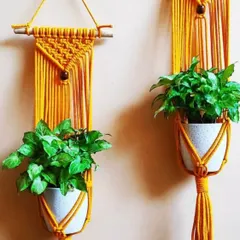 A close-up of my single plant hangers in a cheerful yellow. The design features wooden beads and sturdy knots to securely cradle your favorite potted plants.