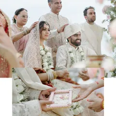 A collage capturing the sacred moments of a Thai destination wedding, including the parents' blessings and the ring ceremony.