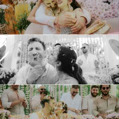 A collage of a vibrant Haldi ceremony in Mauritius, as featured in Vogue India. These shots capture the uninhibited joy and beautiful chaos of the celebration, from playful smearing of turmeric to laughter among friends.