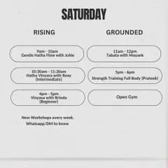 Here is a look at our Saturday schedule. We offer a mix of classes including Gentle Hatha Flow, Vinyasa, Tabata, and full-body strength training.