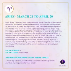 A weekly tarot forecast for Aries. This week, you may encounter some financial instability or challenges. It's a time to reassess how you handle your finances and perhaps seek professional guidance to build long-term prosperity.