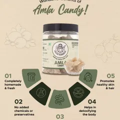 Our Amla Candy is more than just a treat. It's a completely homemade, preservative-free snack that supports digestion, helps in detoxification, and promotes healthy skin and hair, making it a truly guilt-free indulgence.