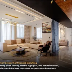 One smart design can change everything. Here, we used an L-shaped sofa to define the living area while maintaining an open, airy feel, blending it with a wooden ceiling for warmth.