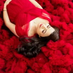 A dreamy overhead shot of a mama-to-be lying in a sea of red tulle. This artistic angle creates a beautiful and dramatic portrait that feels like a painting.