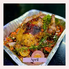 A whole roasted chicken from our April highlights, cooked to perfection in a foil tray with herbs and vegetables. This is a hearty and impressive main course for any family meal or celebration.
