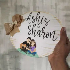 We love bringing personal stories into our art. This name plaque for "Ashis and Sharon" features a hand-painted replication of an illustration from their wedding invitation, a truly special gift.