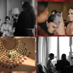 A collage of behind-the-scenes moments from Divya's bridal prep. It shows the makeup artist at work, a close-up of her stunning polki necklace, and the general atmosphere of anticipation.