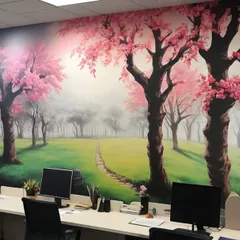 I transformed this standard office into a peaceful escape with a serene cherry blossom forest mural. This hand-painted landscape creates a calm and inspiring atmosphere, helping to reduce stress and boost productivity. It's a perfect example of how nature-themed art can completely change a workspace.