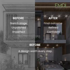 We believe in showing our process. This image contrasts the initial hand sketch with the final 3D render, demonstrating how we refine an idea from an unpolished concept to a confident, detailed architectural design.