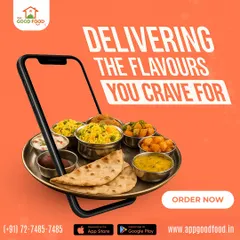 Delivering the flavors you crave. This creative image shows a thali being served on a phone, illustrating how we bring food from our kitchen to your hands.