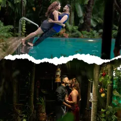 A collage of two dramatic shots, one by the pool and one in a rustic, moody setting. Both use creative lighting to create a bold and cinematic look.
