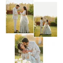 A collage from an outdoor garden engagement, showing the tender moment of the ring exchange and the happy, relaxed portraits that follow. The natural light here adds a soft, romantic feel.