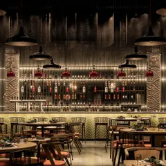 A key concept render focusing on the bar at Pincode 24. This visualization was crucial for defining the material palette, including the herringbone tile pattern, the carved columns, and the intricate back-lit shelving for the bottle display.