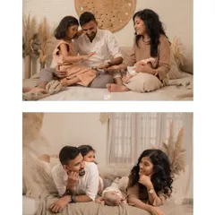 A cozy and intimate session for a new family of four. The warm, neutral tones of the setting and their clothing create a peaceful atmosphere, highlighting their loving interactions on the bed.