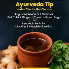 My Go-To Herbal Tea for a Monsoon Gut Cleanse. Feeling bloated or sluggish during the rains? This simple Ayurvedic tonic can help. I recommend boiling Tulsi, ginger, and cumin with a little brown sugar to create a tea that soothes bloating and supports sluggish digestion.