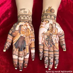 A beautiful and personalized Karwa Chauth design, with a couple portrait on one hand and the ritual scene on the other. The name of the festival is also written on the wrist.