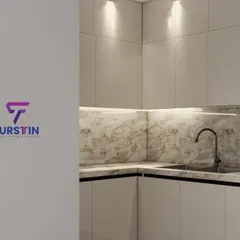 A close-up render focusing on an L-shaped corner. This view highlights the seamless handle-less cabinetry, the texture of the marble-patterned countertop and backsplash, and the warm glow of the under-cabinet lighting.