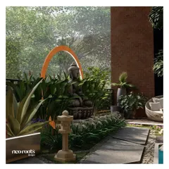 This rendering visualizes a serene garden corner featuring a Buddha statue set against a modern illuminated arch. The design combines spiritual elements with contemporary lighting and lush, layered planting.