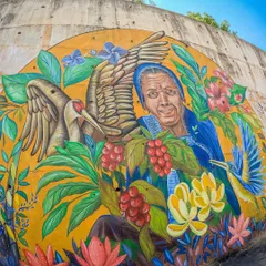 My canvas isn't always confined to a frame. This is 'My Kodavathi Beauty,' a large-scale mural I painted in Coorg. Taking art to the streets allows me to connect with communities and tell their stories on a grand scale. This work celebrates the local culture and the powerful women of the region.