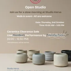 Our invitation for an Open Studio event, where we welcome everyone to walk in, explore the space, enjoy live music, and purchase handmade ceramics at special prices. These events are all about connection.
