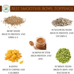 Elevate your smoothie bowls with these nutrient-dense toppings. Hemp and sunflower seeds add protein, almond butter provides zinc, and pumpkin seeds offer iron and magnesium for a powerful start to your day.