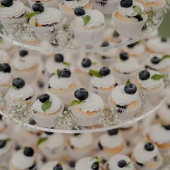 A close-up of the vanilla blueberry mini cupcakes from the wedding tower. Each one is topped with a simple swirl of buttercream, a fresh blueberry, and a sprig of mint, with baby's breath tucked in between.