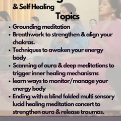 Here are the specific topics covered in the full-day Chakra Balancing workshop. We explore everything from grounding meditation to aura scanning and a unique blindfolded multi-sensory healing concert.