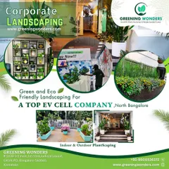 We provide comprehensive corporate landscaping solutions for both indoor and outdoor spaces. This collage showcases our work for a leading EV cell company in North Bangalore, where we designed green reception areas, office plantscapes, and welcoming outdoor patios to enhance the work environment.