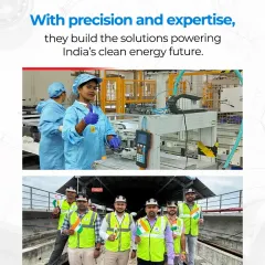 With precision and expertise, our teams build the solutions powering India’s clean energy future. The top photo shows a technician working on a solar module assembly line, while the bottom photo shows our field engineers celebrating progress on a project site.